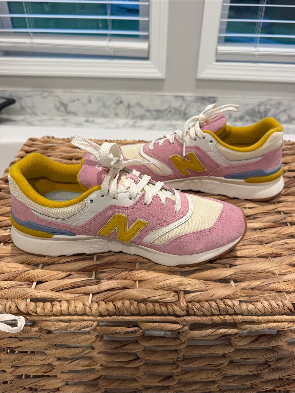 New Balance Women's Pink and Yellow Retro Runner Sneakers